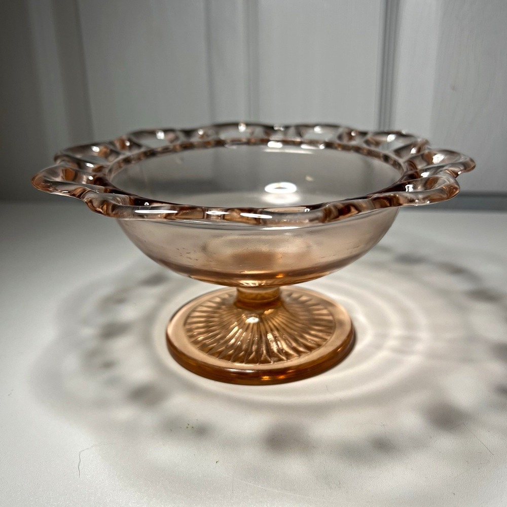 Vintage Anchor Hocking Old Colony Pink Depression Glass Lace Edge Compote Bowl